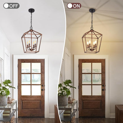 Chandelier for Dining Room, 4-Light Rustic Chandelier Fixtures, Vintage Ceiling Light with Adjustable Height, Antique Bronze Geometric Hanging Light for Bedroom, Foyer, Kitchen, Living Room, Entryway