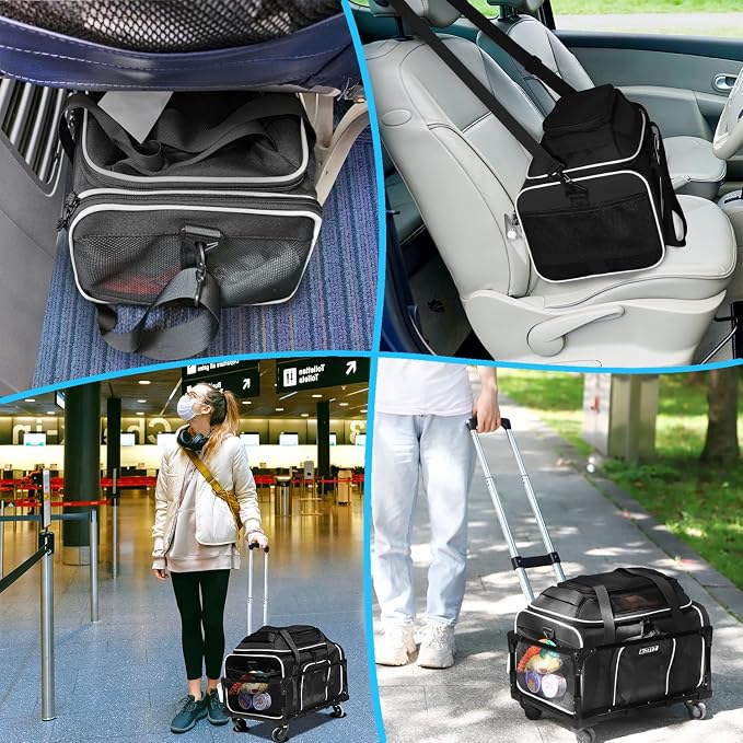 Top-Expandable Small Pet Carrier with Wheels Airline Approved | 18"x13"x9.5", for Southwest Airlines, Lockable Safety Zippers and Anti-Scratch Mesh, Pets Under 10 Lbs, Black