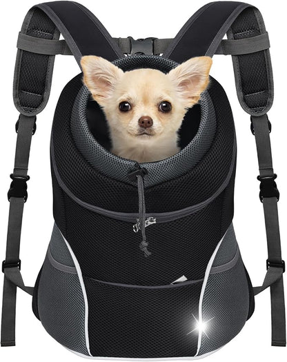 YUDODO Dog Front Carrier Backpack, Adjustable Breathable Dog Backpack | Ventilated, Safety Belt, Lightweight, Reflective Strip, Pocket Storage, For Walking Hiking Outdoor, Black, M