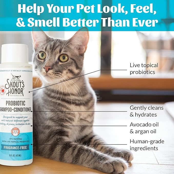 Skout's Honor Unscented Probiotic Cat Shampoo & Conditioner with Avocado Oil & Omega-3s, 97% Natural, Paraben & Sulfate-Free, Cruelty-Free, 16oz, Fragrance Free