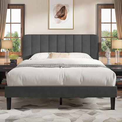 VECELO Full Size Bed Frame with Upholstered Headboard, Velvet Platform Bedframe Mattress Foundation, Strong Wood Slat Support, No Box Spring Needed,Grey
