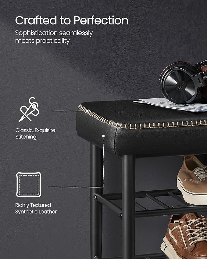 VASAGLE EKHO Collection - Shoe Rack Bench, Storage Bench for Entryway, Synthetic Leather with Stitching, Mid-Century Modern, Loads 300 lb, 11.8 x 39.4 x 19.7 Inches, Ink Black ULSB113B01