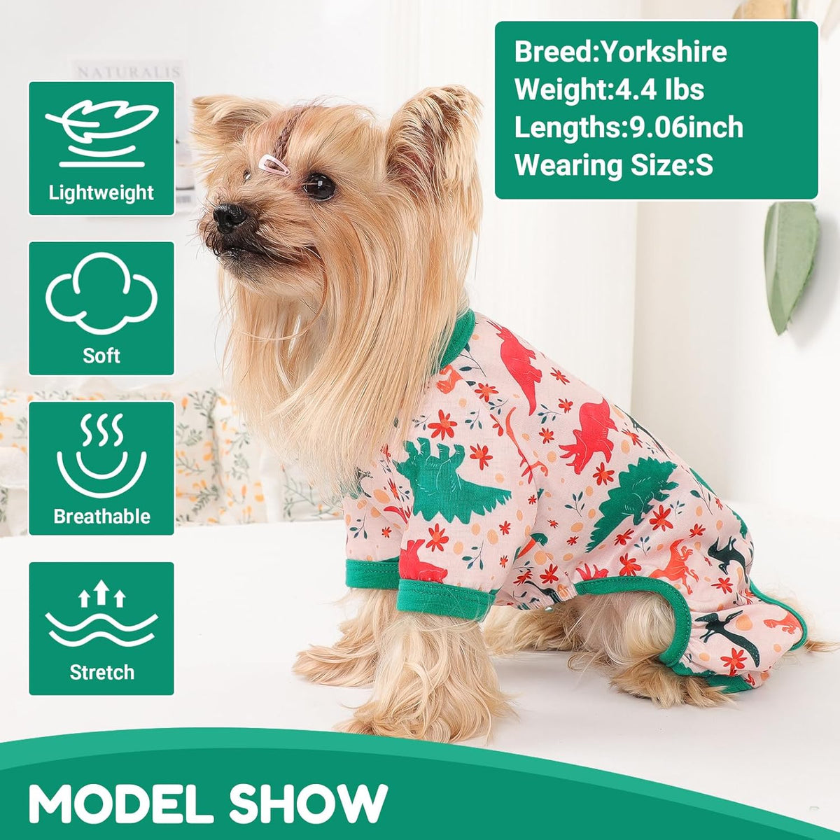 Dog Pajamas Small Sized Dogs Stretchable Summer Dog Clothes Pjs 4 Legs Girl Boy Cute Soft Puppy Outfits Doggie Cat Jammies Jumpsuit Sleeper for Pet, Dinosaur, M