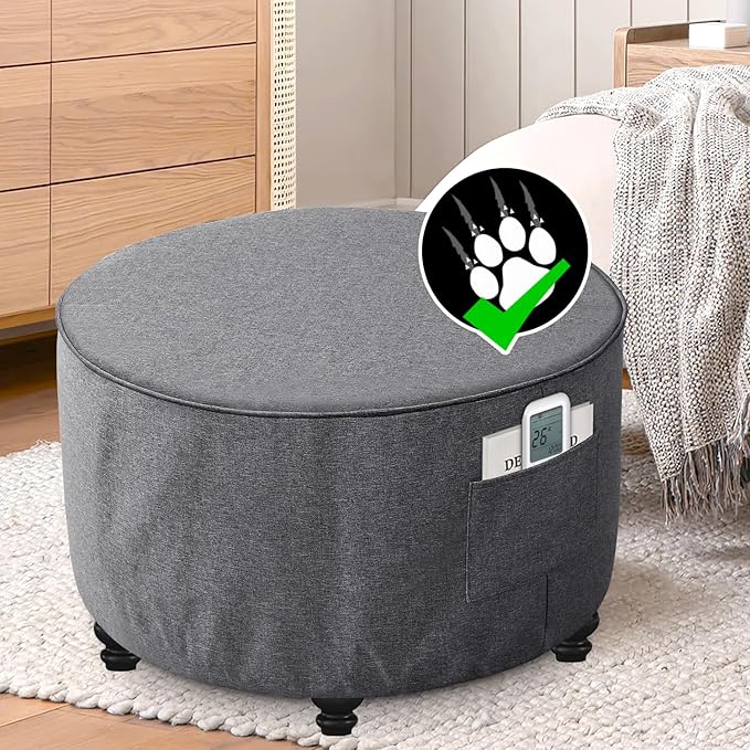 H.VERSAILTEX Round Ottoman Cover Thick Linen Look Ottoman Slipcover Round Ottoman Storage Cover Folding Stool Covers Furniture Protector Cover for Footrest Ottoman Fit Dia 36" - 38", Heather Grey