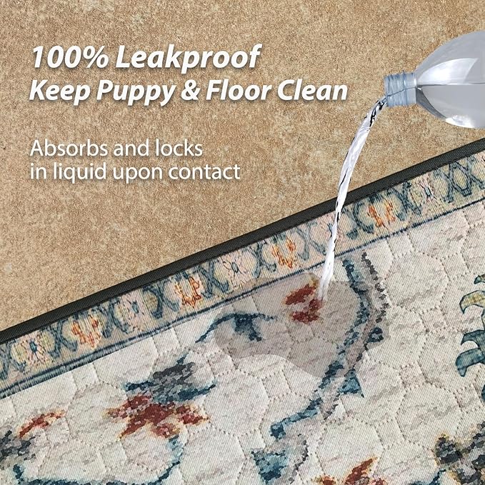 nunubaby Washable Pee Pads for Dogs, Stylish, Non-Slip and Leak-Proof Pee Pads. Reusable Potty Pads for Dogs for Crates and Floors.(Beige/Floral, 36" x72")