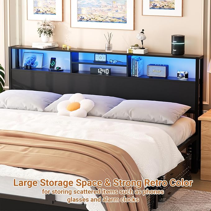 Aheaplus Headboard for King Size Bed with Storage, Headboards with Outlets, USB Ports and LED Light, King Size Head Board Only, Height Adjustable, Reversible, Sturdy and Stable Headboard, Black
