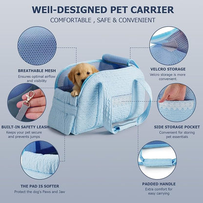 Dog Carrier Tote Bag, Foldable Soft Sided Breathable Mesh Lightweight Travel Handbag with Padded Handles, Lace Decor Portable Pet Purse for Small Puppy Kitten Cat Up to 15 Lbs (Blue)