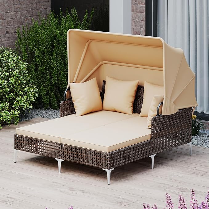 HAPPYGRILL Outdoor Daybed with Retractable Canopy, PE Wicker Rattan Patio Double Chaise Lounger with Cushions, Outside Sunbed Furniture for Garden, Poolside and Backyard (Beige)