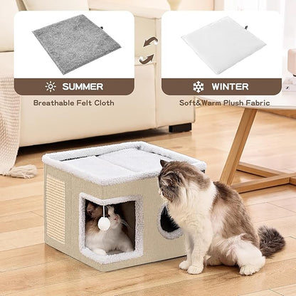 Cat Beds for Indoor Cats Houses, Large Cat Cave with Fluffy Ball and Scratch Pad, Foldable Cat House with Hideaway Tent for Kitten,Grey (SingleAK, Large)
