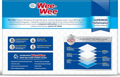 Four Paws Wee-Wee Superior Performance X-Large Dog Pee Pads, 150 Count | Puppy & dog potty training pads, housebreaking supplies, xl puppy pads, pet supplies, 24-hour floor protection, 28" x 34"
