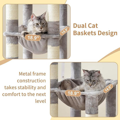 Heybly Cat Tree, 71-Inch Tall Cat Tower for Large Maine Coon Cats with Extra-Large Baseboard, Cat Condo Furniture with Multi-Level Platforms, 2 Hammocks and 12 Scratching Posts, Light Gray HCT037W