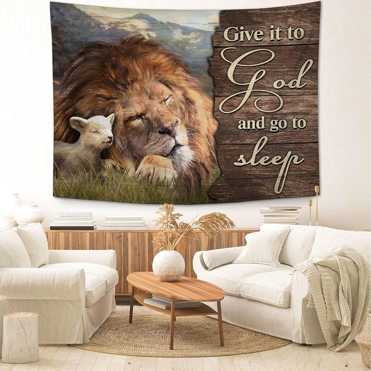 yowecso Lion and Lamb Tapestry Give It To God And Go To Sleep Tapestry Wall Hanging for Bedroom Christian Religious Tapestries Aesthetic Wall Decor for Home Dorm Living Room 40"x60"