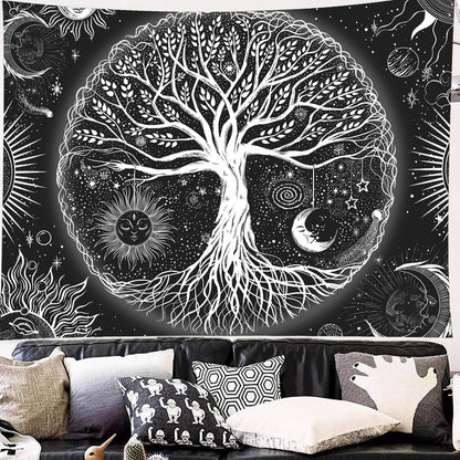 FORATER Tree of Life Tapestry Wall Hanging, Sun and Moon Aesthetic Wall Tapestry Black and White Tapestries Home Decor for Living Room Bedroom(53 x 61 Inch, Black and White)