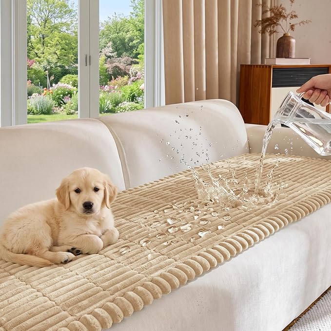 FUANGUI Waterproof Couch Cover Sofa Cover for Dogs and Pets Sofa Protector | Non-Slip Washable Fuzzy Soft Cat Bed Sofa Slipcover for 2-3 Cushion Couch Sofa Pet Friendly, Khaki, 27.6" x 94.5", 1 pcs