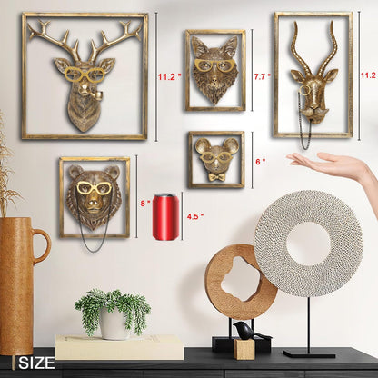Animal Heads Wall Decor (5pcs, Includes Metal Frame) Resin Animals Sculptures Head Wall Hanging Decoration Gold vintage Wall Sculpture for Living Room Bedroom Office