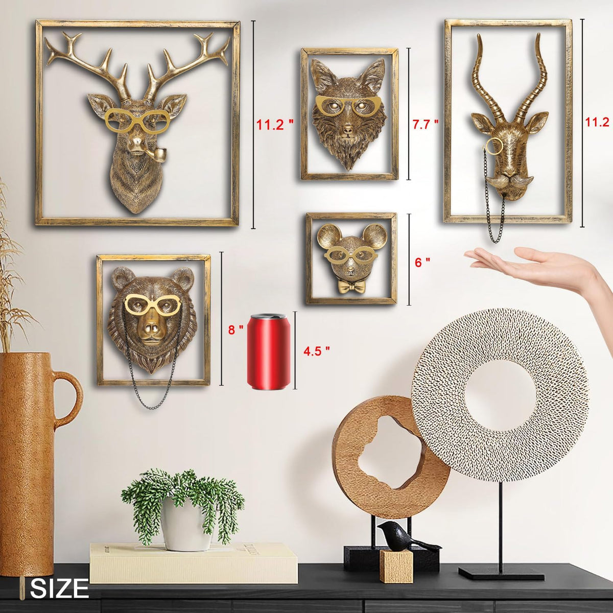 Animal Heads Wall Decor (Includes Metal Frame) Resin Animals Sculptures Head Wall Hanging Decoration Gold vintage Wall Sculpture for Living Room Bedroom Office(Bear)