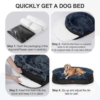 iweepet Fluffy Orthopedic Dog Beds for Large & Extra Large Dogs, 44" Calming Dog Sofa Bed with28D Egg-Crate Foam, Removable Washable Cover, Waterproof Lining, for Puppy,Senior,Sick