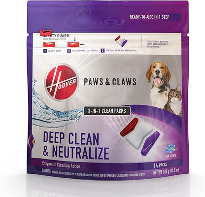 Hoover Paws & Claws Clean Packs, Sea Breeze Scent, Pre-Measured Concentrated Pack Solution, Tackles Tough Pet Messes & Stains, Pair Full Size Carpet Cleaning Machines