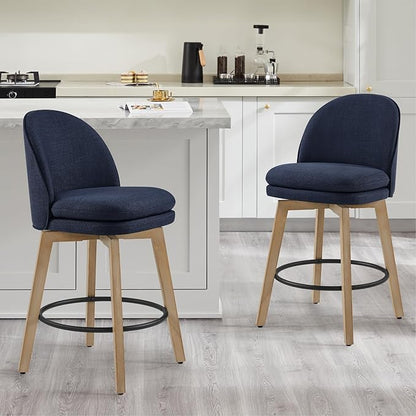 Counter Height Barstools 26 inch Upholstered Swivel Bar Stools with Back and Wood Legs for Kitchen Island,Set of 1,Blue Fabric-Armless