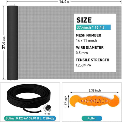 Pet Proof Window Door Screen Roll,37.4INx16.4FT Polyester Window Screen Mesh,Heavy Duty Screen Replacement Kit for Window, Door,Pet,Patio,Porch (14x11Mesh)