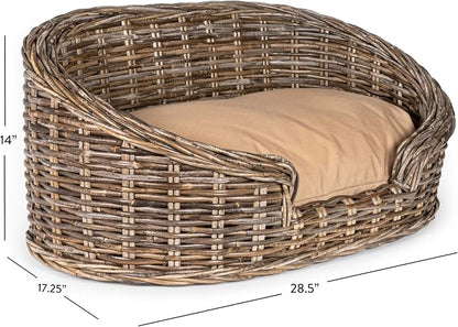 DBD1000A Curvy 28.5" x 17.25" Classic Handwoven Rattan Dog Bed with Machine-Washable Cushion, Kubu Gray
