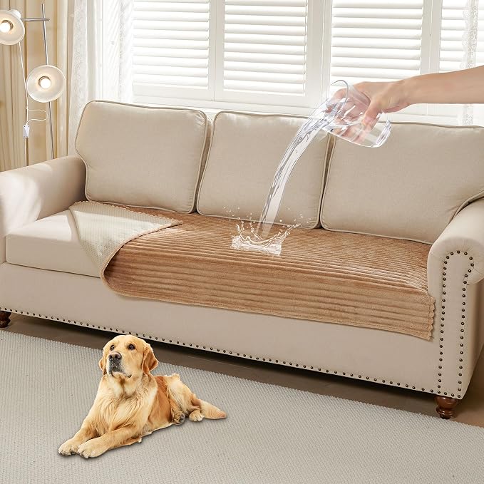 HAOMAIJIA Waterproof Couch Cover for Dogs Washable,Faux Fur Pet Couch Covers for Sofa,Soft Dog Bed Cover Non-Slip Couch Covers for 3 Cushion Couch Sofa Pet Friendly (Khaki, 23" x 23" 2 Pack)