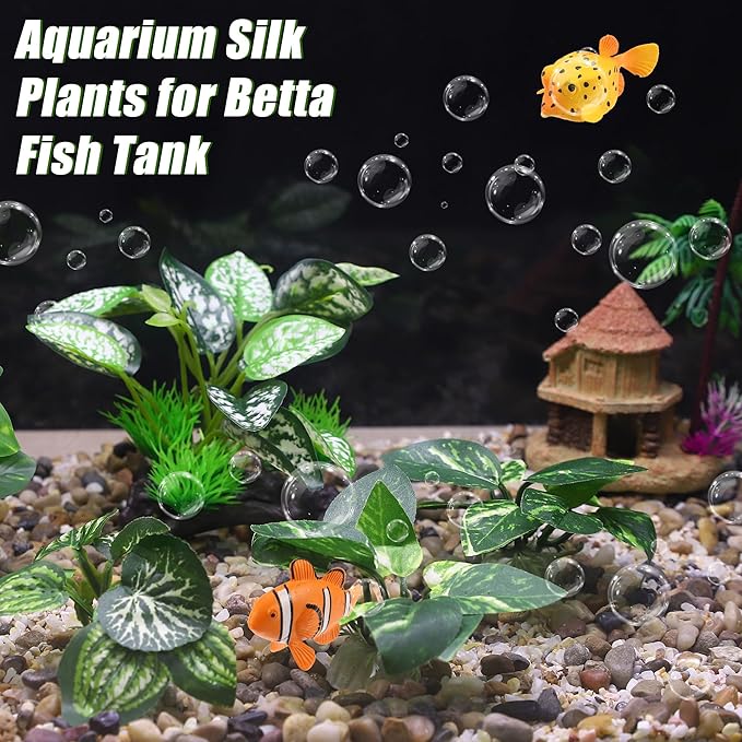 Aquarium Plastic Plants, Driftwood Betta Silk Plants, Silk Plants Aquarium Set Decor, Silk Aquarium Plants for Betta Fish (Green, 5pcs)