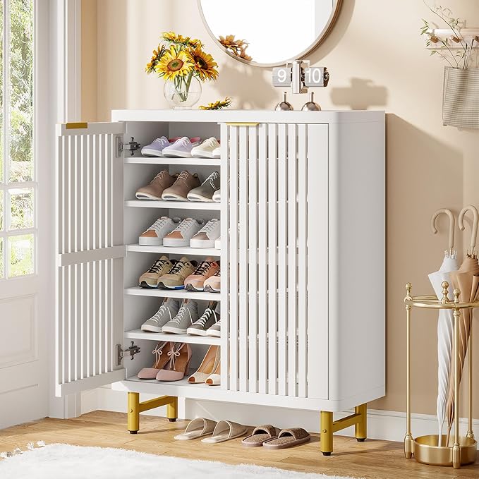 Tribesigns Shoe Cabinet with Shutter Doors, 6-Tier Entryway Shoe Cabinet with Adjustable Shelves, Wooden Modern Rack Organizer for Entryway, Hallway, Closet, Living Room, White