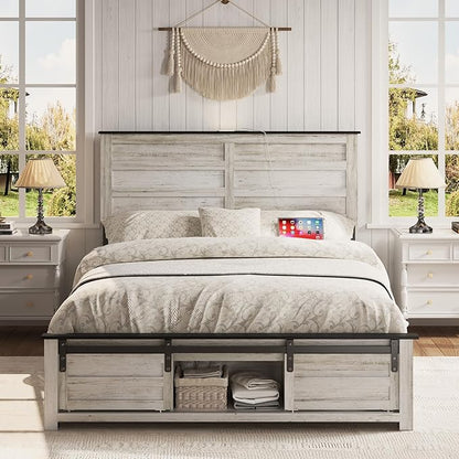 Wooden Bed Frame Full Size with Headboard & Sliding Barn Door Storage Footboard, Farmhouse Platform Bedframe with Charging Station, No Box Spring Needed, Boho White