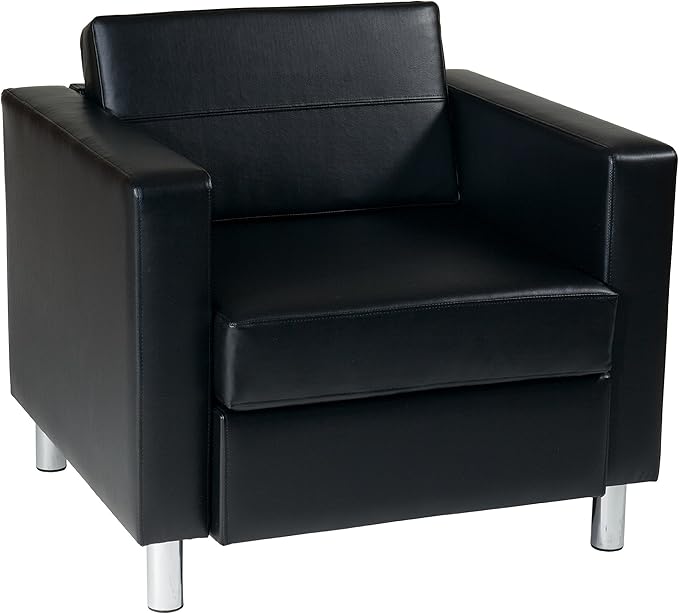 OSP Home Furnishings Pacific Armchair with Padded Box Spring Seats and Silver Finish Legs, Black Vinyl