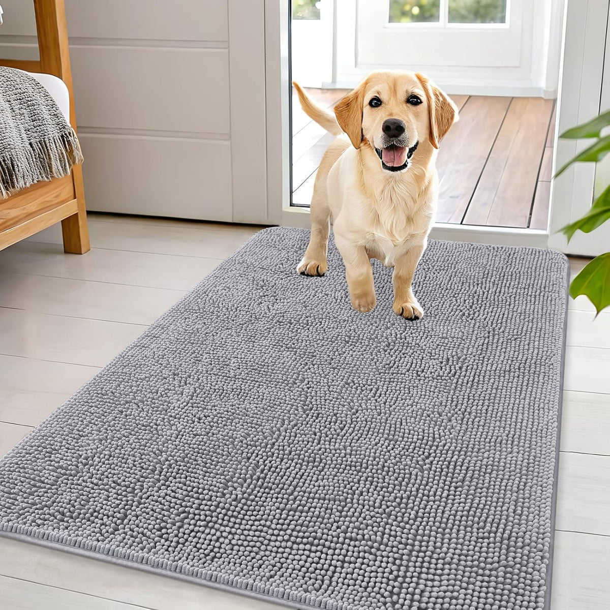 OLANLY Dog Door Mat for Muddy Paws 44x32, Absorbs Moisture and Dirt, Absorbent Non-Slip Washable Doormat, Quick Dry Chenille Mud Mat for Dogs, Entry Indoor Entryway Carpet for Inside Floor, Light Grey