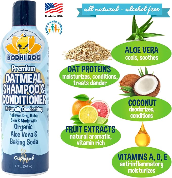 Bodhi Dog Oatmeal Shampoo & Conditioner - Hypoallergenic Formula - Naturally Deodorize Dogs, Cats & Pets - Made w/Organic Ingredients - Moisturizes Dry & Itchy Skin - Made in USA (Oatmeal, 17 Fl Oz)