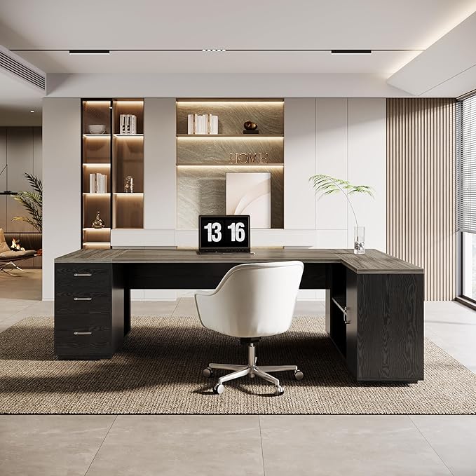 Tribesigns 85.8-Inch L-Shaped Executive Office Desk with File Drawers & Storage Cabinet, Professional Corner Computer Desk Extra Large Business Workstation with Adjustable Shelves (Gray&Black)