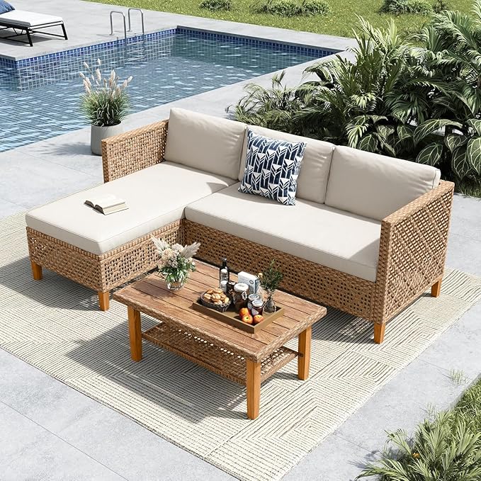 MFSTUDIO L Shaped Outdoor Couch Set, Wicker Patio Furniture Set, Rattan Outdoor Sectional Sofa with Acacia Wood Coffee Table, 3 Pieces Small Patio Conversation Set for Backyard, Beige