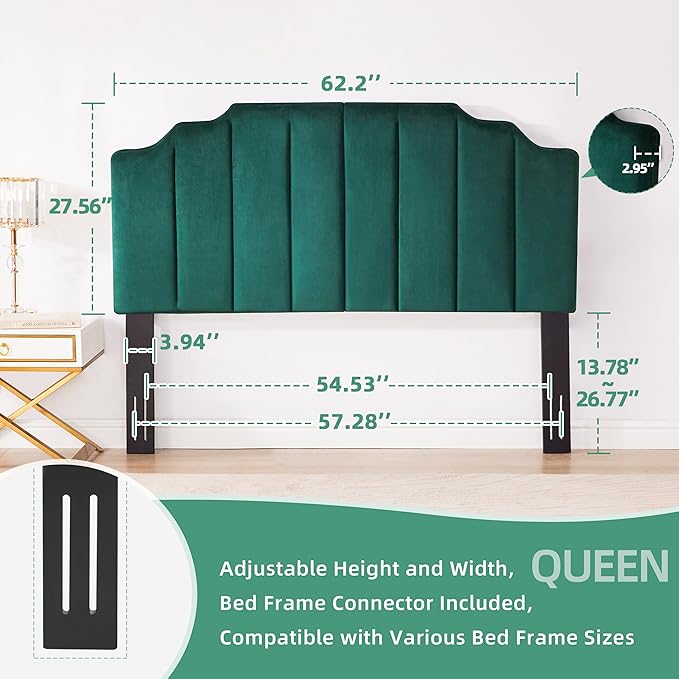 Velvet Upholstered Headboard Queen, Tufted Headboard, Elegantly Curved Queen headboard only,Soft Padded headboards, Modern Vertical Channel Design Head Board, Dark Green