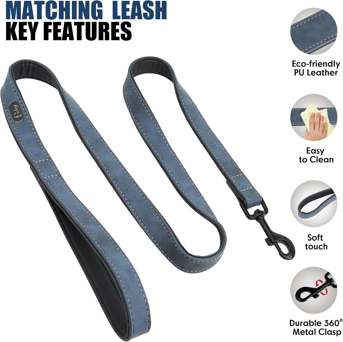 Didog Soft Padded Leather Dog Collar and Leash Set, Adjustable Dog Leash and Collar Set with Metal Buckle, Breathable Dog Collars with 4FT PU Leather Dog Leash for Small Medium Dogs, Blue, M