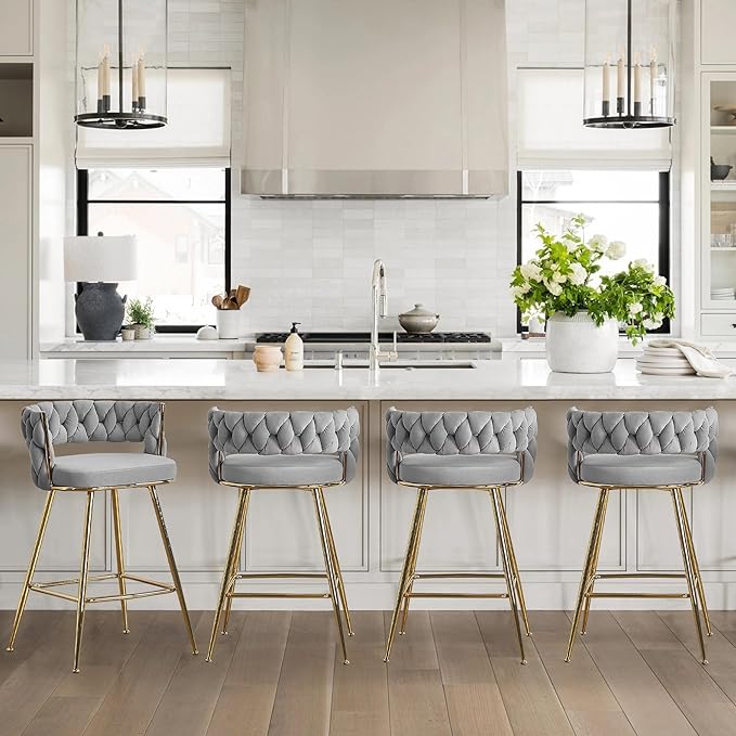 VECELO Bar Stools Set of 4, Counter Height Bar Stools, 26 inch Seat Barstools with Woven Back and Footrest for Kitchen Island Counter, Grey