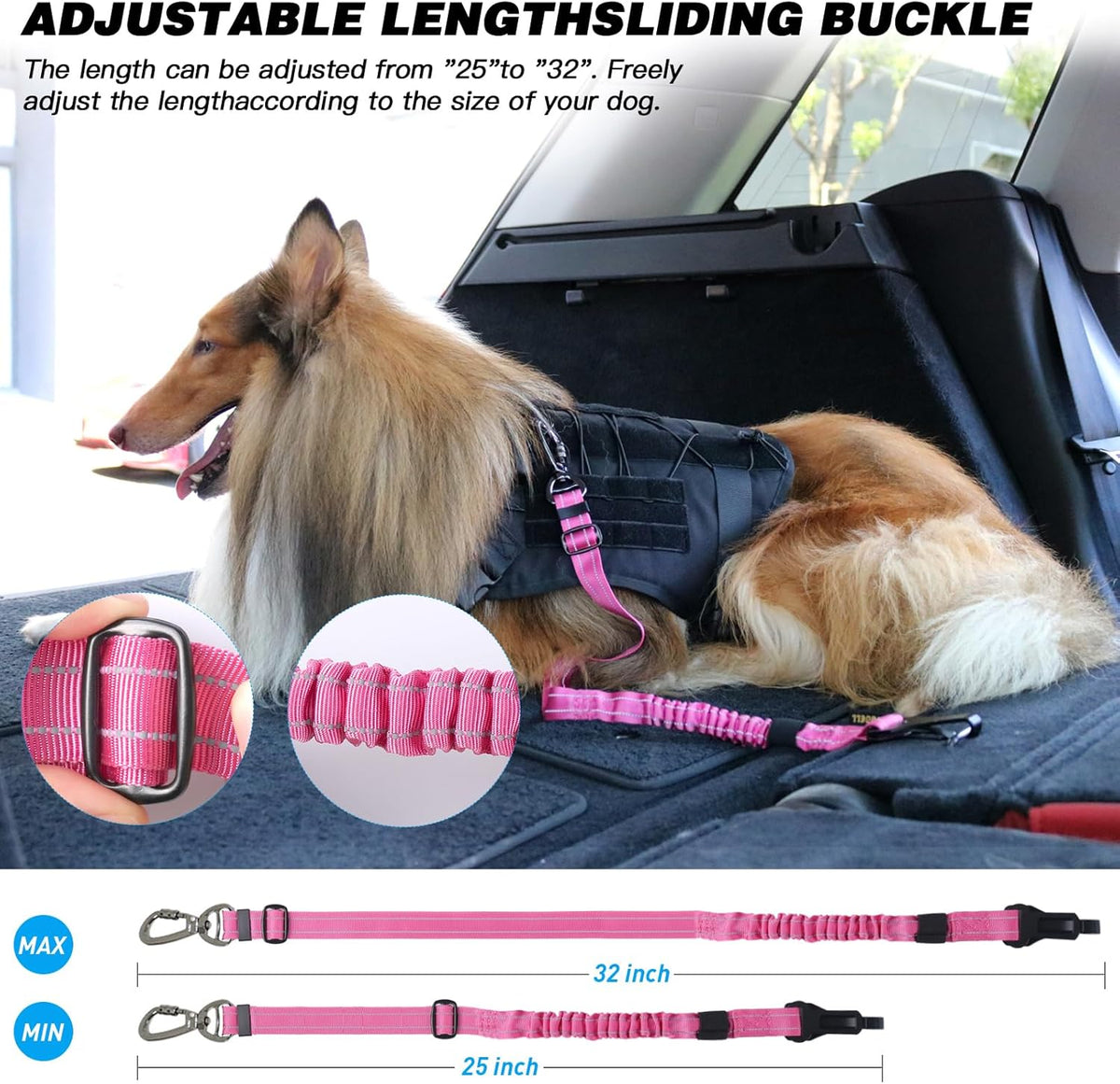 AUBELL Dog Seat Belt for Car,2 Pack Set 3-in-1 Adjustable Reflective Bungee Heavy Duty Dog Car Harness Tether with Clip Hook Latch & Buckle,Swivel Zinc Alloy Carabiner,Black+Hotpink
