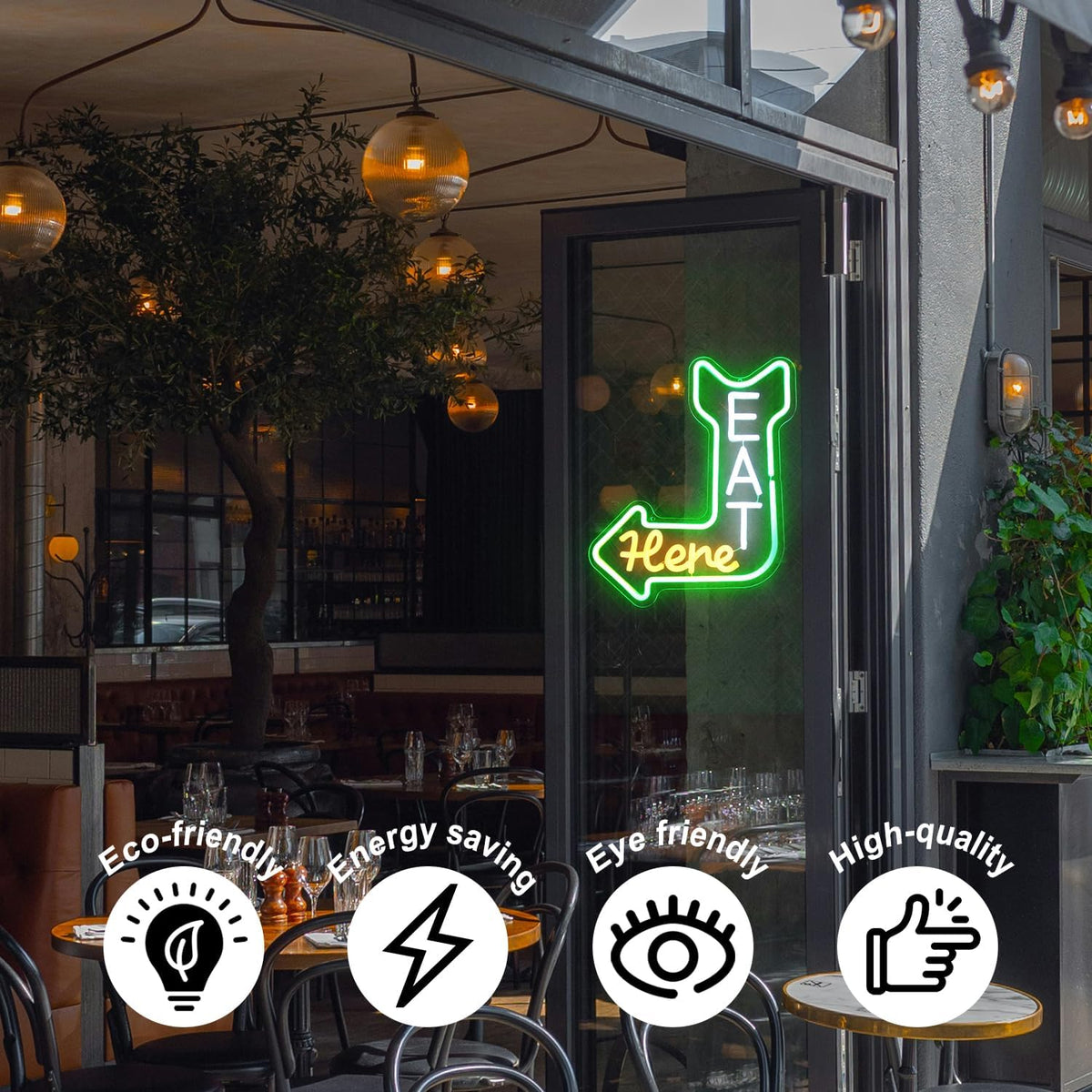 Eat Here Neon Sign Kitchen Neon Signs for Wall Decor with Arrow Guidance Green Orange White Eat Dimmable LED Sign Diner Neon Signs for Wall Bar Restaurant Kitchen Man Cave Decor