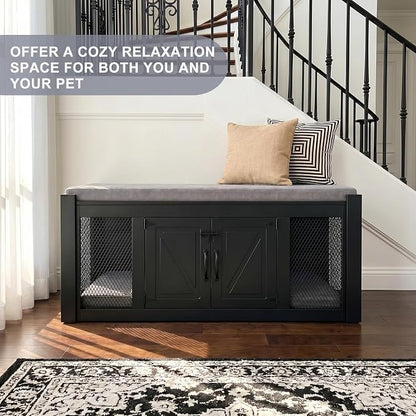 Faceket Dog Crate Furniture with Padded Seat, Luxury Wooden Dog Kennel, End of Bed Bench Ottoman with Removable Cushion for Bedroom, Entryway, Black