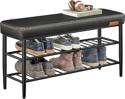 VASAGLE EKHO Collection - Shoe Rack Bench, Storage Bench for Entryway, Synthetic Leather with Stitching, Mid-Century Modern, Loads 300 lb, 11.8 x 39.4 x 19.7 Inches, Ink Black ULSB113B01