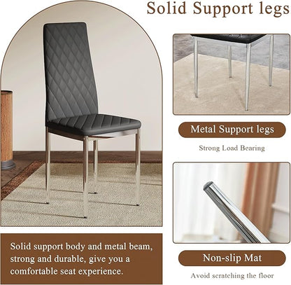 JT Modern Minimalist Dining Chair Fireproof Leather Sprayed Metal Pipe Diamond Grid Pattern Restaurant Home Conference Chair Set of 4 Or 6 (4, Black-Silver)