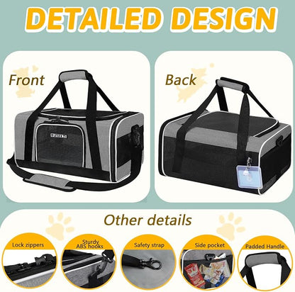 Small Pet Carrier 17" L x 11" W x 9.5" H Airline Approved, Grey | for Alaska Airlines, Lockable Safety Zippers and Anti-Scratch Mesh, Pets Under 10 lbs