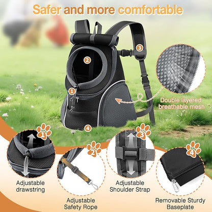 YUDODO Dog Front Carrier Backpack, Top & Side Windows Dog Backpack | Sunshade Hood, Ventilated, Safety Belt, Breathable, Lightweight, Reflective Strip, Pocket Storage, Adjustable, Black Pro, M