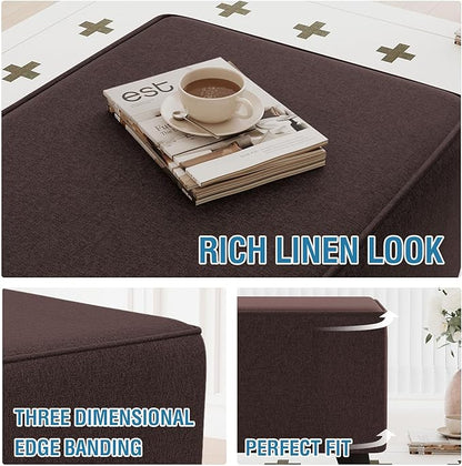 H.VERSAILTEX Soft Sturdy Linen Look Ottoman Cover Rectangle Fit Length 43"-44" Footrest Ottoman Slipcovers for Foot Stool & Folding Storage Furniture with Storage Side Pocket - Heather Chocolate