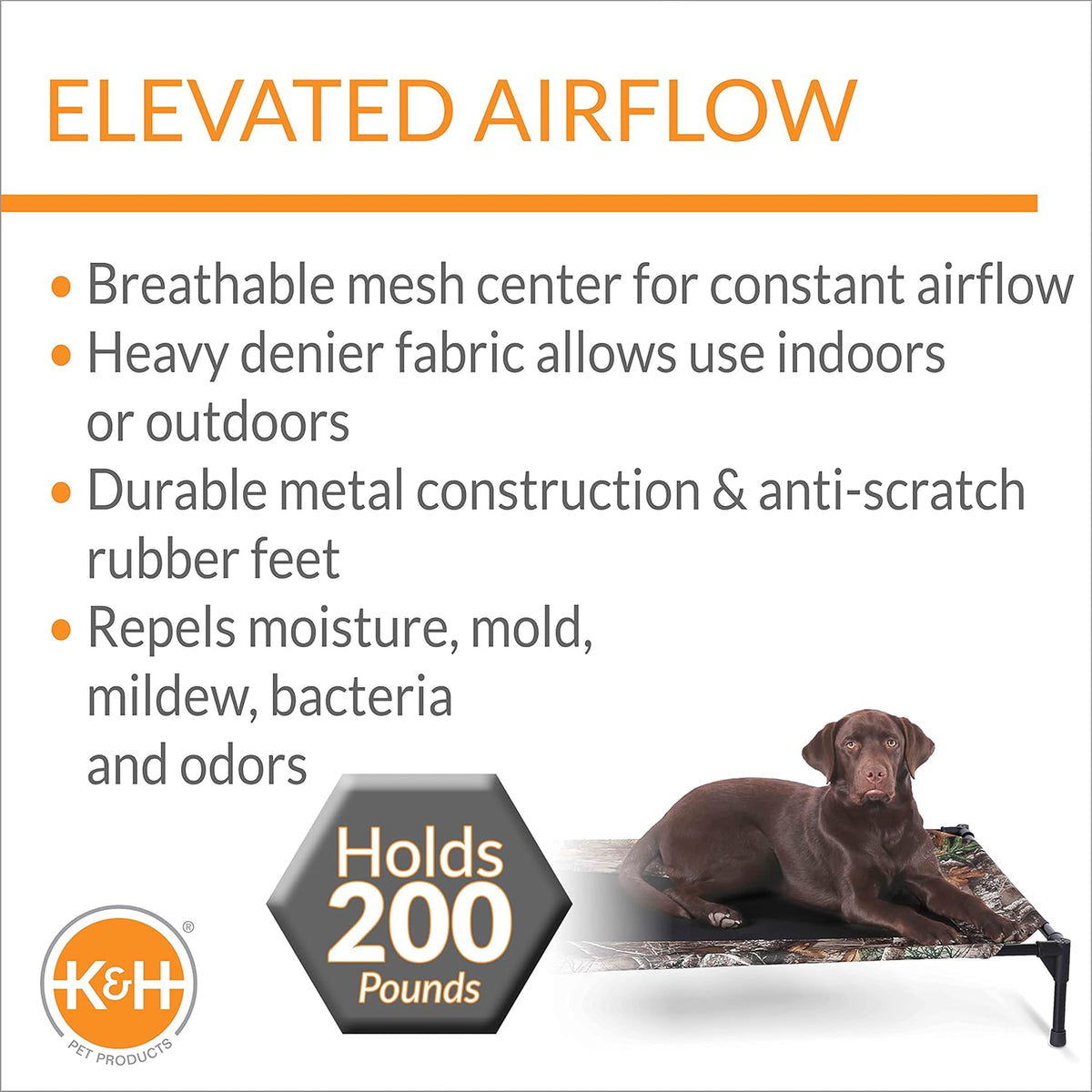 K&H Pet Products Outdoor Elevated Dog Cot, Breathable Cooling Elevated Cot Hammock Pet Bed for Large Dogs, Washable Mesh Cover, Raised Metal Frame, Collapsible, Portable - Large 42 X 30in Camo