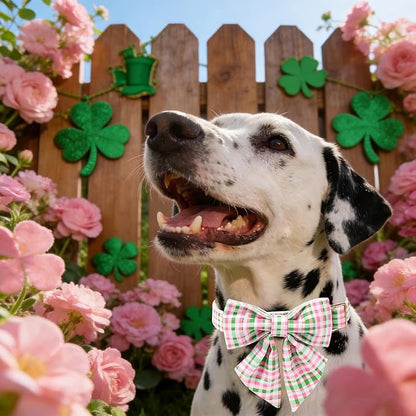 Maca Bates Plaid Dog Collar with Sailor Bow Tie,Cherry Pink Green Gingham Pattern for Small Girl Boy Dogs,Adjustable Durable Soft Collars Irish Gift for Male Female Puppy