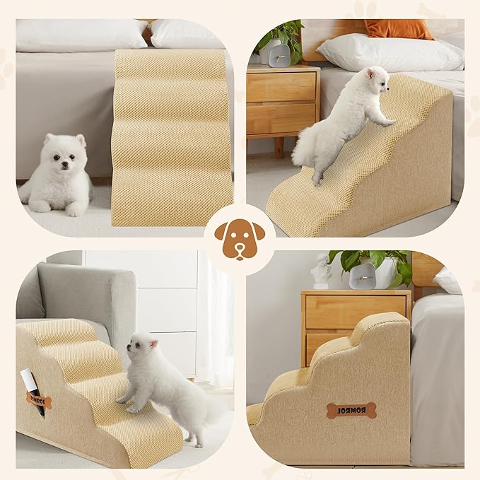 Dog Stairs, Romrol Dog Steps Ramp for High Bed and Couch, Dogs Ramp with Durable Non-Slip Waterproof Fabric Cover, Pet Stairs for Small Dogs and Cats or Pets Joints, 4-TiersBeige