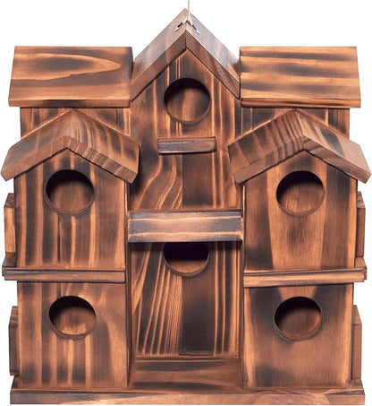 MIXUMON Wooden Bird Houses for Outside – 10 Rooms Multi-Chamber Bird House, Carbonized Pine Rustic Finish, 1.57" Entrance Holes, Individual Cleaning Doors, Decorative Outdoor Bird Nesting Box