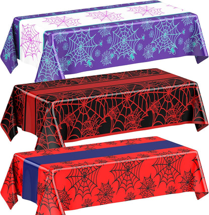 Oudain 3 Pack Spider Theme Birthday Decorations Halloween Purple Black Red Pink Green Web Ghost Bat Tablecloth Cartoon Table Cover Party Favor for Birthday (Purple,Black,Red,Spider)
